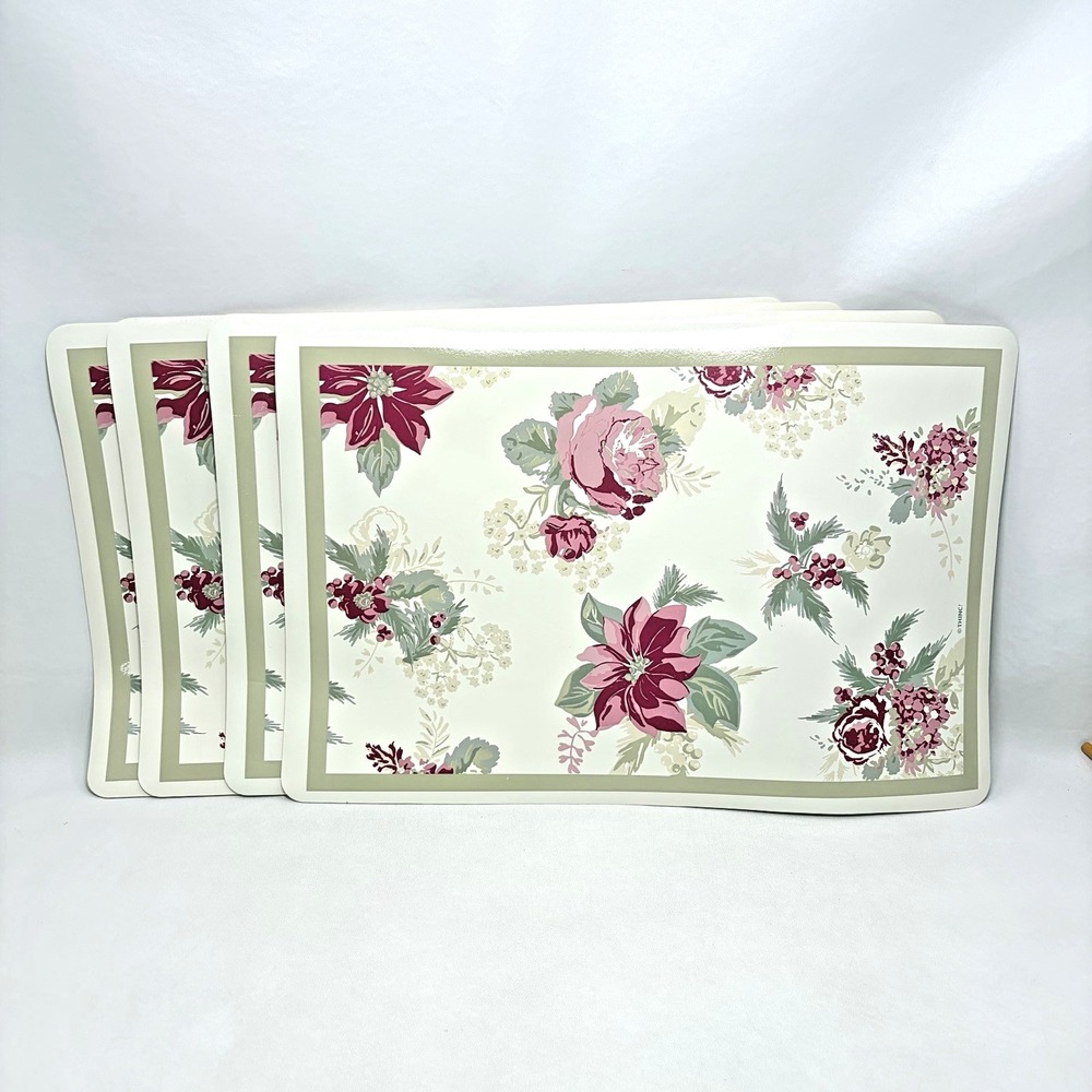 Vintage 4 Christmas Placemats Holiday Time Vinyl Foam Floral Poinsettia Cottage